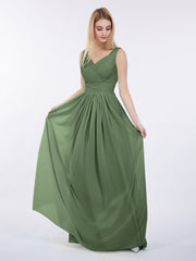 A-line Chiffon Floor Length V Neck Dresses Olive Green