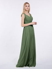 A-line Chiffon Floor Length V Neck Dresses Olive Green