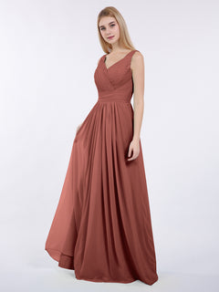 A-line Chiffon Floor Length V Neck Dresses Terracotta