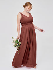 A-line Chiffon Floor Length V Neck Dresses Terracotta