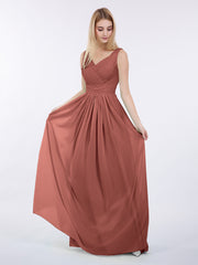 A-line Chiffon Floor Length V Neck Dresses Terracotta