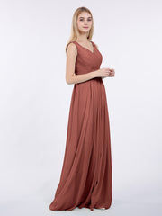 A-line Chiffon Floor Length V Neck Dresses Terracotta