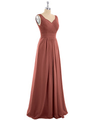 A-line Chiffon Floor Length V Neck Dresses Terracotta