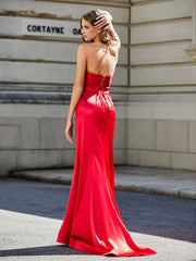 Strapless Sheath Gown With Sweep Train Red Plus Size