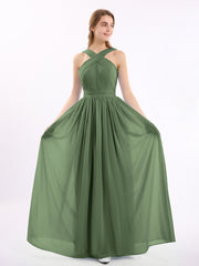 Long Chiffon Cross-Front Dress of Bridesmaids Olive Green