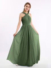 Long Chiffon Cross-Front Dress of Bridesmaids Olive Green