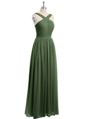 Long Chiffon Cross-Front Dress of Bridesmaids Olive Green