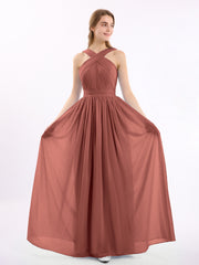 Long Chiffon Cross-Front Dress of Bridesmaids Terracotta