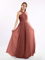 Long Chiffon Cross-Front Dress of Bridesmaids Terracotta