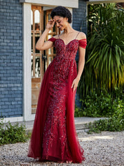 Spaghetti Straps Sheath Tulle Prom Dresses Burgundy Plus Size