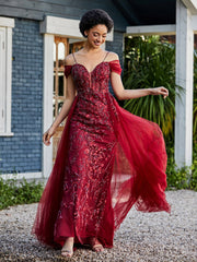 Spaghetti Straps Sheath Tulle Prom Dresses Burgundy Plus Size