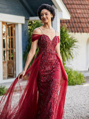 Spaghetti Straps Sheath Tulle Prom Dresses Burgundy Plus Size