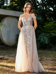 Spaghetti Straps Sheath Tulle Prom Dresses Champagne Plus Size
