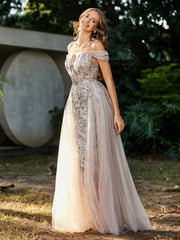Spaghetti Straps Sheath Tulle Prom Dresses Champagne Plus Size