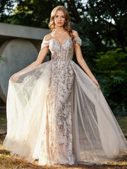 Spaghetti Straps Sheath Tulle Prom Dresses Champagne Plus Size