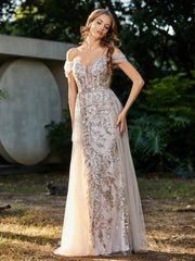 Spaghetti Straps Sheath Tulle Prom Dresses Champagne Plus Size