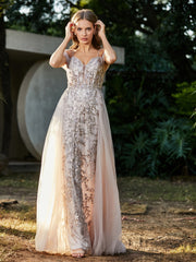 Spaghetti Straps Sheath Tulle Prom Dresses Champagne Plus Size