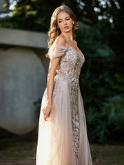 Spaghetti Straps Sheath Tulle Prom Dresses Champagne Plus Size