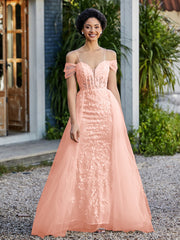 Spaghetti Straps Sheath Tulle Prom Dresses Coral