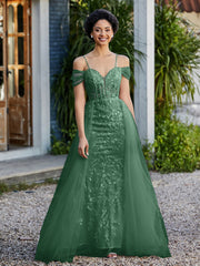 Spaghetti Straps Sheath Tulle Prom Dresses Dark Green