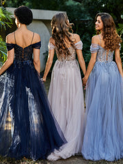 Spaghetti Straps Sheath Tulle Prom Dresses Dark Navy Plus Size