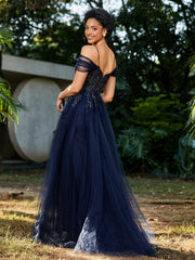 Spaghetti Straps Sheath Tulle Prom Dresses Dark Navy Plus Size