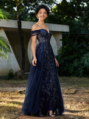 Spaghetti Straps Sheath Tulle Prom Dresses Dark Navy Plus Size
