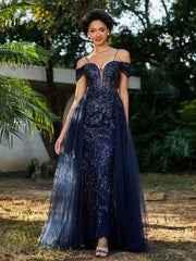 Spaghetti Straps Sheath Tulle Prom Dresses Dark Navy Plus Size