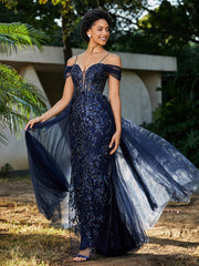 Spaghetti Straps Sheath Tulle Prom Dresses Dark Navy