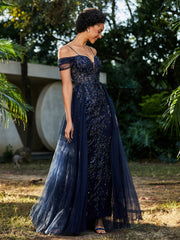 Spaghetti Straps Sheath Tulle Prom Dresses Dark Navy Plus Size