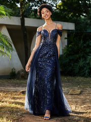Spaghetti Straps Sheath Tulle Prom Dresses Dark Navy