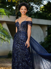 Spaghetti Straps Sheath Tulle Prom Dresses Dark Navy Plus Size