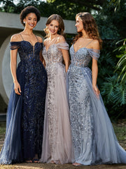 Spaghetti Straps Sheath Tulle Prom Dresses Dark Navy Plus Size
