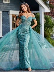 Spaghetti Straps Sheath Tulle Prom Dresses Jade Plus Size