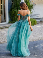 Spaghetti Straps Sheath Tulle Prom Dresses Jade
