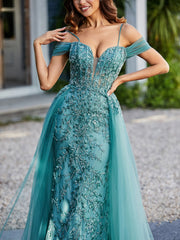 Spaghetti Straps Sheath Tulle Prom Dresses Jade Plus Size
