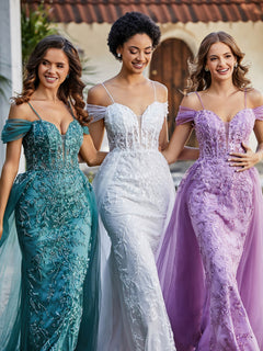 Spaghetti Straps Sheath Tulle Prom Dresses Lilac