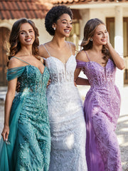 Spaghetti Straps Sheath Tulle Prom Dresses Lilac