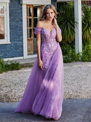 Spaghetti Straps Sheath Tulle Prom Dresses Lilac