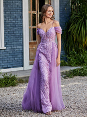 Spaghetti Straps Sheath Tulle Prom Dresses Lilac