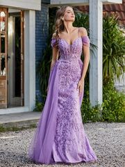 Spaghetti Straps Sheath Tulle Prom Dresses Lilac