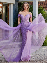 Spaghetti Straps Sheath Tulle Prom Dresses Lilac