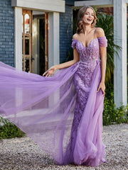 Spaghetti Straps Sheath Tulle Prom Dresses Lilac