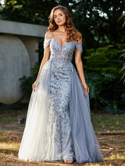 Spaghetti Straps Sheath Tulle Prom Dresses Silver Plus Size