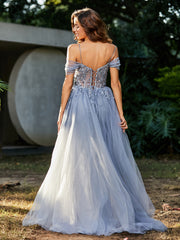 Spaghetti Straps Sheath Tulle Prom Dresses Silver