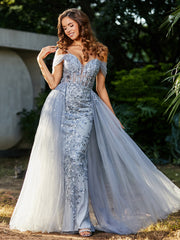 Spaghetti Straps Sheath Tulle Prom Dresses Silver