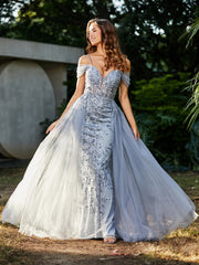 Spaghetti Straps Sheath Tulle Prom Dresses Silver