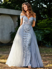 Spaghetti Straps Sheath Tulle Prom Dresses Silver