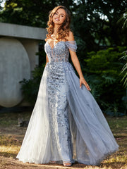 Spaghetti Straps Sheath Tulle Prom Dresses Silver Plus Size