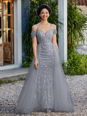 Spaghetti Straps Sheath Tulle Prom Dresses Steel Grey